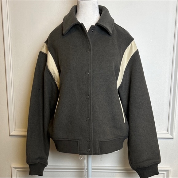 OAK + FORT Wool Varsity Bomber Jacket - Grey M/L - Picture 4 of 4